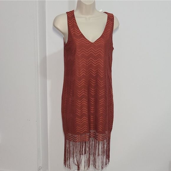 Amisu Dresses & Skirts - Amisu Dark Orange Zigzag Tassel Dress with Fringe Bottom.
